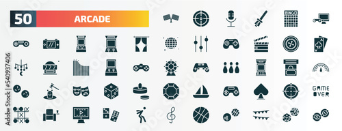 set of 50 filled arcade icons. flat icons such as racing, pc game, curtain stage, roulette, game hine, arcade game, theater, console, cinema seat, dunk glyph icons.