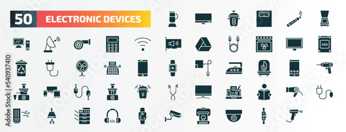 set of 50 filled electronic devices icons. flat icons such as pertor, scanner, wireless internet, lcd, typewriter, iron, devices, smart tv, air purifier, video surveillance glyph icons.