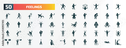 set of 50 filled feelings icons. flat icons such as positive human, stupid human, awful human, special aggravated sad drunk surprised stressed energized glyph icons.