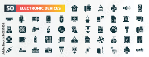 set of 50 filled electronic devices icons. flat icons such as burglar alarm, stereo, usb, espresso maker, mouse, video recorder, battery, ceiling fan, dvd player, cell phone glyph icons.