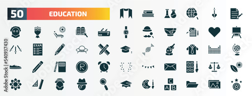 set of 50 filled education icons. flat icons such as sash, as, pencil case, love, ufo, uniform, hardbound book variant, letter, rulers, paint palette glyph icons.