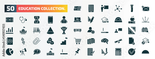 set of 50 filled education collection. icons. flat icons such as two books, new email, student and books, book and, cone geometrical, teacher with stick, paperclip, human brain, telescope,