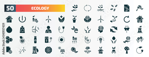 set of 50 filled ecology icons. flat icons such as plant a tree, ecologism, natural product, reload arrows, eco volunteer, recycling, recycled bottle, eco bulb, eco turbine, tree and roots glyph