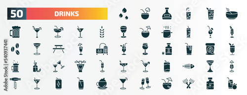 set of 50 filled drinks icons. flat icons such as drip, greyhound drink, grain, blue lagoon, mai tai, ice tea, toast, soda can, manhattan drink, wine toast glyph icons.