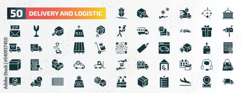 set of 50 filled delivery and logistic icons. flat icons such as ship by sea, container hanging, wait time, gift, pallet, delivery shield, packages, warehouse, delivery delay, parcel glyph icons.
