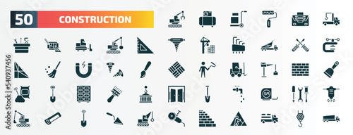 set of 50 filled construction icons. flat icons such as derrick with tong, crane truck, angle ruler, screwdrivers, two screws, big derrick with boxes, big clo, stopcock, hacksaw, birck wall glyph