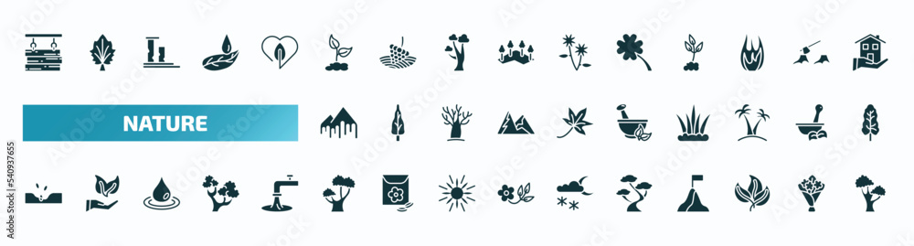 set of 40 filled nature icons. flat icons such as wood board, grows, four leaf clover, melting, flower therapy, sow, chestnut oak tree, bonsai tree, green, black oak tree glyph icons.