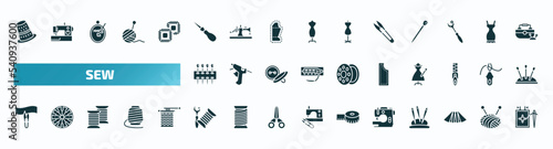 set of 40 filled sew icons. flat icons such as sewing thimble, awl, cutter, of pins, material, cutting, sewing equipment, tailoring hine, pleat, needlepoint glyph icons.
