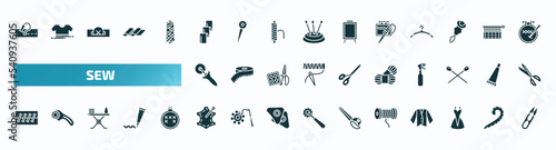 set of 40 filled sew icons. flat icons such as running stitch, textile, needlework, tracing wheel, yarn, seam, leather, cotton reel, clothing, thread nippers glyph icons.