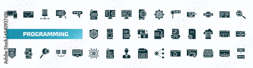set of 40 filled programming icons. flat icons such as responsive, , advertising, secured network, game development, html5, microchip, plugin, binary code, compiler glyph icons.