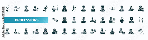 set of 40 filled professions icons. flat icons such as cricket player, president, physician assistant, financial advisor, builder, businessman, makeup artist, welder, teacher, hairdresser glyph