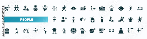 set of 40 filled people icons. flat icons such as steal, king in his throne, identification pass, cowboy with a gun, crucified pose, ticket hine, chief, ultrasonography, bride dress, man thinking