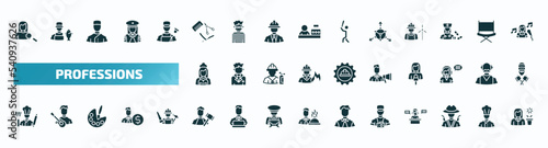 set of 40 filled professions icons. flat icons such as hr specialist, barber, model, maid, marketing manager, cooker, judge, photographer, hunter, florist glyph icons.