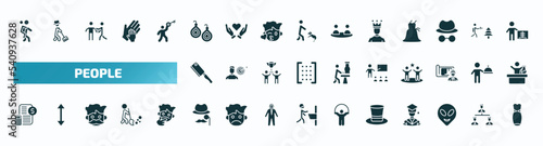 set of 40 filled people icons. flat icons such as give a piggy back ride, earings, man with crown, butcher with knife, teacher and students, book keeper, sir, tall hat, alien smile, women dress