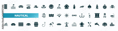 set of 40 filled nautical icons. flat icons such as rope knot, pirate ship, speed boat, air tank, double bait, yatch, bait, aqualung, dolphin, ship engine glyph icons.