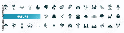 set of 40 filled nature icons. flat icons such as savannah, sun fuji mountain, eco energy source, ikebana flowers, saturn with his ring, tree growing, floral decorations, forest fire, branches with