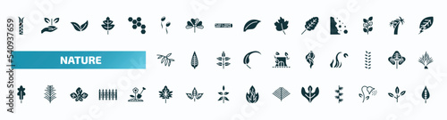 set of 40 filled nature icons. flat icons such as escuamiforme, fertilize clinic, plum leaf, black willow, hair style, oak leaf, hawthorn leaf, sassafras pollen, poplar glyph icons.