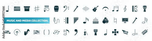 set of 40 filled music and media collection. icons. flat icons such as crotchet, bongo, fermata, jack connector, castanets, trombone, segno, half note, keytar, melodica glyph icons.