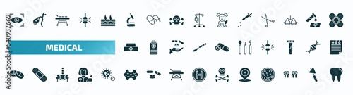 set of 40 filled medical icons. flat icons such as eye scanner medical, microscope tool, dosage medical tool, nurse cross, dentist tool, tablets, thyroid gland, hospital placeholder, braces, molar