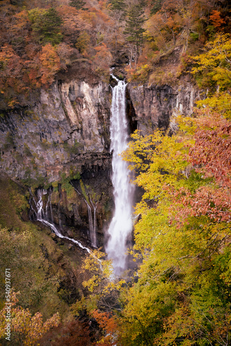 Colorful majestic waterfall in national park forest during autumn nature Photography.Landscape view national nature park Nikko Japan. Beautiful place © Dinusha
