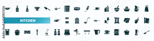set of 40 filled kitchen icons. flat icons such as strainer, skillet, juicer, broiler, mitten, kitchen board, salt and pepper, tea cup, pot, sugar sifter glyph icons.