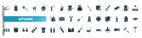 set of 40 filled kitchen icons. flat icons such as garlic press, coffee grinder, mould, coffee pot, cookie cutter, spice jar, sauces, platter, microwave oven, corkscrew glyph icons.