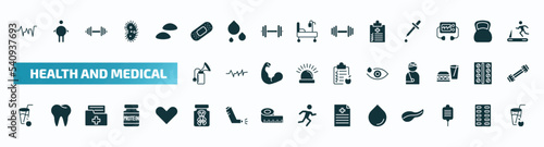 set of 40 filled health and medical icons. flat icons such as beat, band aid, medical checklist, breast pump, eye drops, orange juice, poisonous, blood drop, salt, juice glyph icons.