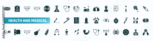 set of 40 filled health and medical icons. flat icons such as optometrist, medical substance, boy, surgery, ophthalmology, blood pressure gauge, medical walker, non ionizing radiation, handgrip