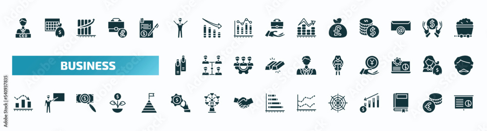 set of 40 filled business icons. flat icons such as chief executive officer, man success, pounds money bag, nails, woman holding big coin, business graph, hand with money gear, spider chart, story,