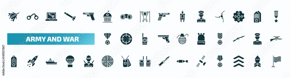 set of 40 filled army and war icons. flat icons such as jet, federal agency, lieutenant, militaty medal, backpack, chevron, militar radar, military satellites, chevrons, patriot glyph icons.