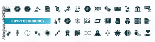 set of 40 filled cryptocurrency icons. flat icons such as sell, budget accounting, casino chips, proof of capacity, strongbox, mining, chains, blokchain block, tor, donation glyph icons.