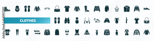 set of 40 filled clothes icons. flat icons such as leather chelsea boots, barrel handbag, slit skirt, sandals, short, t shirt with de, peplum skirt, oxford wave blazer, trench coat, long sleeves t
