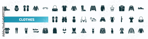 set of 40 filled clothes icons. flat icons such as leather chelsea boots  barrel handbag  slit skirt  sandals  short  t shirt with de  peplum skirt  oxford wave blazer  trench coat  long sleeves t