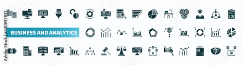 set of 40 filled business and analytics icons. flat icons such as spending, synchronization, workplace, round value chart, market research, merge charts, hierarchy, search analytics, wall calendar,
