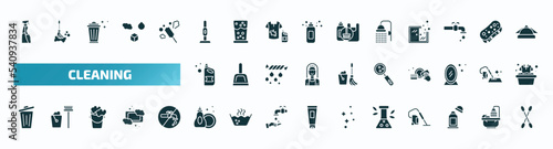set of 40 filled cleaning icons. flat icons such as cleaning spray, vacuum cleanin, shower head, detergent, hygroscopic, garbage, dishwashing detergent, preservatives, deodorizer, tampon cleanin