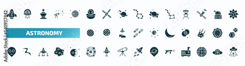 set of 40 filled astronomy icons. flat icons such as space shuttle, relativity, big dipper, uranus with satellite, crescent moon, extraterrestrial, galaxy, laser gun, radar system, ufo and cow glyph