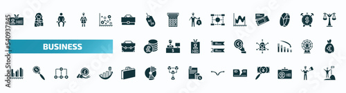 set of 40 filled business icons. flat icons such as club card, bussines briefcase, smooth line chart, briefcase tings, euro coin on hands, dual chart, two shopping bags, broken credit card, color