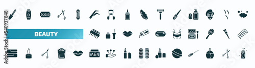 set of 40 filled beauty icons. flat icons such as pedicure, tweezers, curlers, nail brush, women waist, folded towel, men cream, bath salts bomb, round perfume bottle, face cleanser glyph icons.
