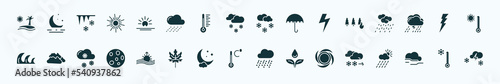 flat filled weather icons set. glyph icons such as subtropical climate, sunrise, snowing, wildfire, lightning, clouds, aurora, celsius, hurricane, foggy, cold icons.