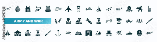 set of 40 filled army and war icons. flat icons such as automatic gun  helicopter    two bullets  gun shooting  stealth  anchor  secret agent  militar ship  time bomb with clock glyph icons.