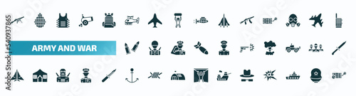 set of 40 filled army and war icons. flat icons such as automatic gun, helicopter, , two bullets, gun shooting, stealth, anchor, secret agent, militar ship, time bomb with clock glyph icons.