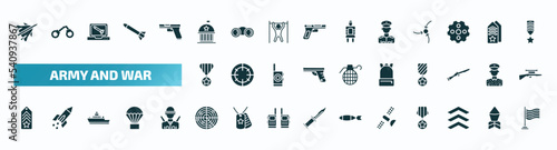 set of 40 filled army and war icons. flat icons such as jet, federal agency, lieutenant, militaty medal, backpack, chevron, militar radar, military satellites, chevrons, patriot glyph icons.