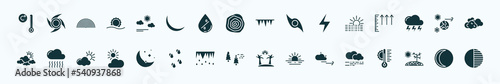 flat filled weather icons set. glyph icons such as degree, calm, icy, foggy day, climate, smog, twilight, patchy fog, forecast, drought, waning moon icons.