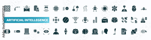 set of 40 filled artificial intellegence icons. flat icons such as ai grid, chip, processing, nano sensor, business, artificial intelligence, assistant, voice recognition, check list, hyperloop