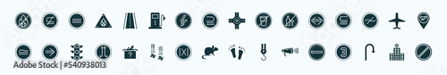 flat filled signs icons set. glyph icons such as no fire, roads, junction, maths, airport, implies if, lost items, rats, shout, u turn, hospital icons.