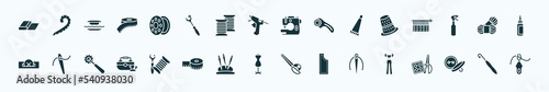 flat filled sew icons set. glyph icons such as fabric, bobbin, tailoring hine, sewing thimble, yarn, sewing needles, sewing equipment, mannequin, needles, button, crochet hook icons.
