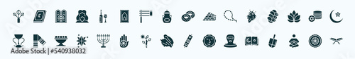 flat filled religion icons set. glyph icons such as bael tree, hebrew wine, jewish bagels, lion of judah, jewish coins, tallit, jewish candles, conch shell, , meditation, cake icons.