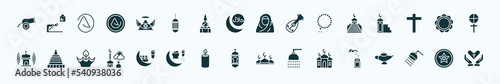 flat filled religion icons set. glyph icons such as eyd gun, god, hijab, islamic minbar, buddhism, doi suthep, fasting, arabian lantern, islamic mosque, shower head and water, anglican icons.