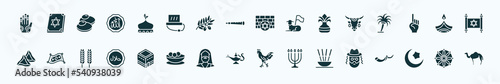 flat filled religion icons set. glyph icons such as henna painted hand, mosque domes, kotel, sacred cow, dipa, magic carpet, kaaba mecca, genie lamp, incense, islam, dharma icons.