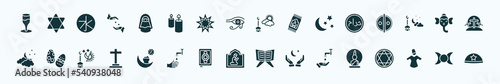 flat filled religion icons set. glyph icons such as goblet, hijab veil, ramadan sunrise, haram, ganesha, easter eggs, ramadan iftar, islamic pray, islamic wudu, sufi mystic, goddess icons.